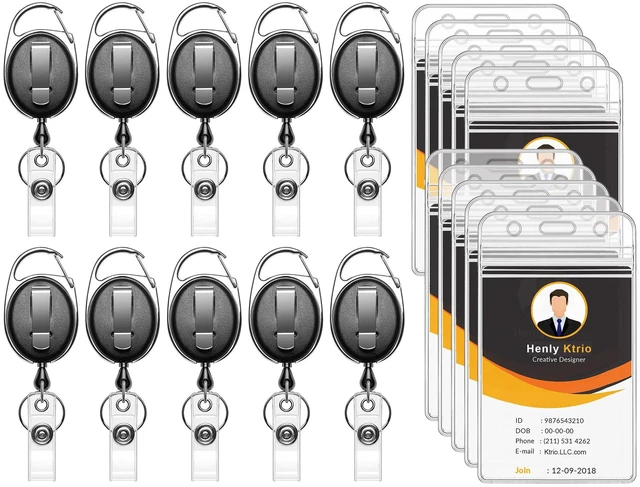 Main image of ID Badge Holder with Retractable Reel, Vertical, 10 Pack Fits 2.5x3.4" Cards, Clear Vertical Holder, 24" Retractable Badge Reel, Metal Clip & Key Ring, 10-Pack Set
