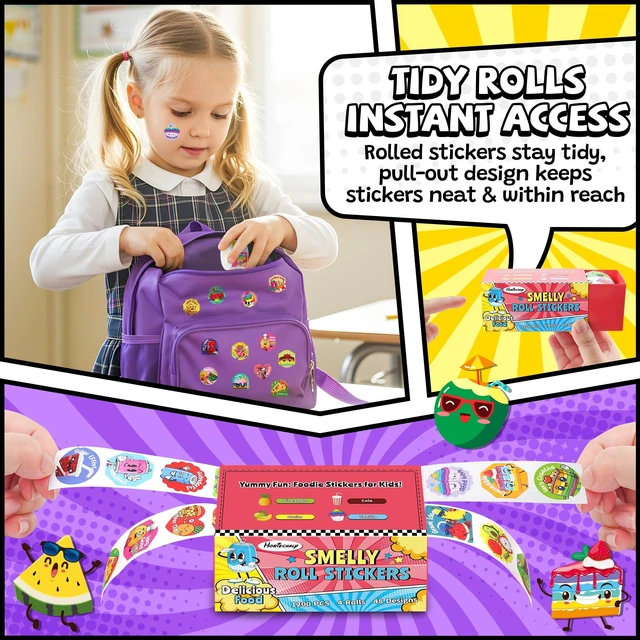Alt view image 3 of 7 - 1200 PCS Smelly Roll Stickers for Kids, 4 Rolls 4 Scent Scratch & Sniff Food Theme; Positive Reward for Classroom; Portable Drawer Box for Travel, Car, Airplane; 48 Designs