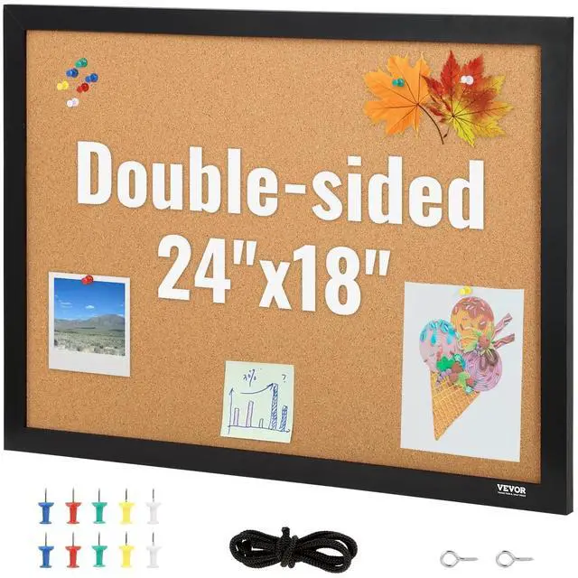 Main image of Cork Board for Walls, Double-Sided Cork 24" x 18" Bulletin Board Vision Board, Push Pin Board with Framed for Office Home and School