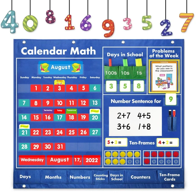 Main image of Math Calendar Classroom Pocket Chart, Classroom Must Haves Printed Days of The Week with CardsLearning for Home or Kindergarten, Teacher Must Have Supplies That Fits Any School Décor