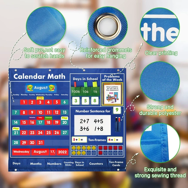Alt view image 3 of 6 - Math Calendar Classroom Pocket Chart, Classroom Must Haves Printed Days of The Week with CardsLearning for Home or Kindergarten, Teacher Must Have Supplies That Fits Any School Décor