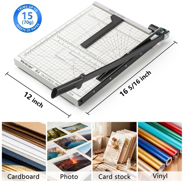 Alt view image 2 of 7 - 15 inch Guillotine Paper Cutter: Precision Paper Trimmer with Safety Lock,15 Sheet Capacity, Thickened Metal Based Cutting Board for Crafting Cardstock Photos Laminatedsheets in Class/Office