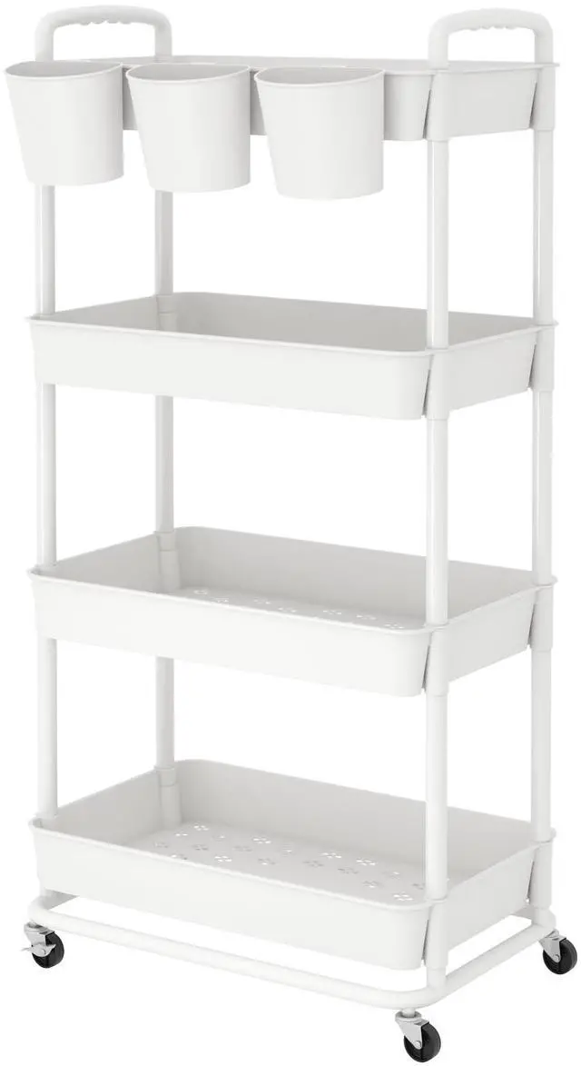 Main image of 4-Tier Plastic Rolling Storage Cart Utility Cart White Utility Cart with Extra Hanging Cups Arc-Shaped Handles Lockable Wheels for Living Room Bathroom Kitchen Office