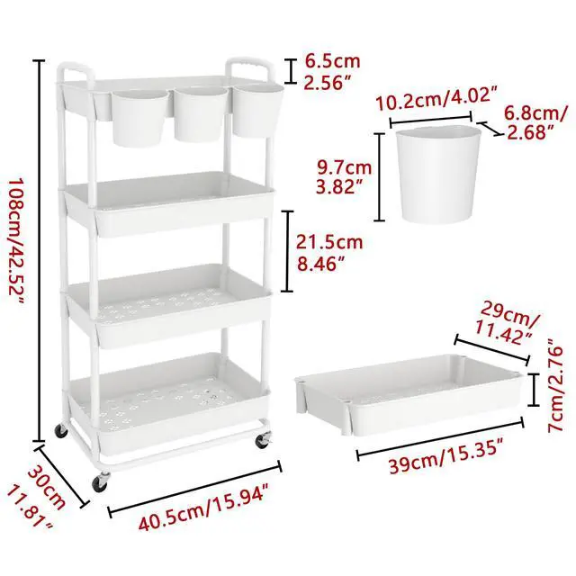 Alt view image 2 of 7 - 4-Tier Plastic Rolling Storage Cart Utility Cart White Utility Cart with Extra Hanging Cups Arc-Shaped Handles Lockable Wheels for Living Room Bathroom Kitchen Office