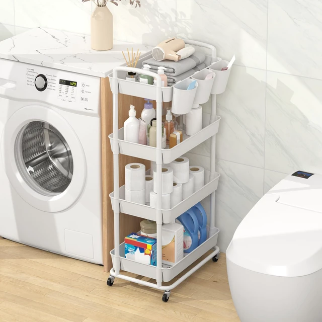 Alt view image 3 of 7 - 4-Tier Plastic Rolling Storage Cart Utility Cart White Utility Cart with Extra Hanging Cups Arc-Shaped Handles Lockable Wheels for Living Room Bathroom Kitchen Office