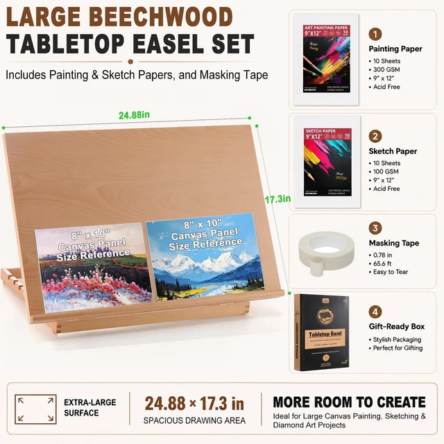 Alt view image 2 of 7 - 24.9"x17.3" Beechwood Tabletop Easel with Paint and Sketch Papers,Mask Tape Extra Large Adjustable Art Easel Stand, Drawing Board for Painting, Sketching and Diamond Art