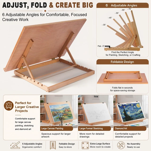 Alt view image 3 of 7 - 24.9"x17.3" Beechwood Tabletop Easel with Paint and Sketch Papers,Mask Tape Extra Large Adjustable Art Easel Stand, Drawing Board for Painting, Sketching and Diamond Art
