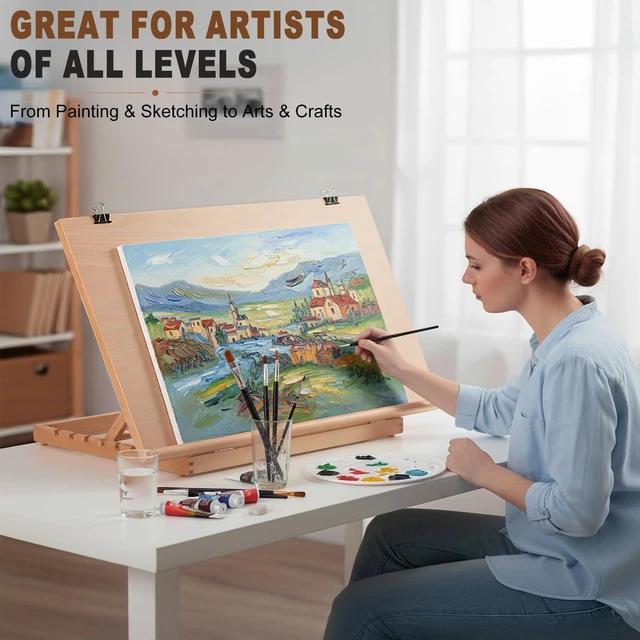 Alt view image 5 of 7 - 24.9"x17.3" Beechwood Tabletop Easel with Paint and Sketch Papers,Mask Tape Extra Large Adjustable Art Easel Stand, Drawing Board for Painting, Sketching and Diamond Art