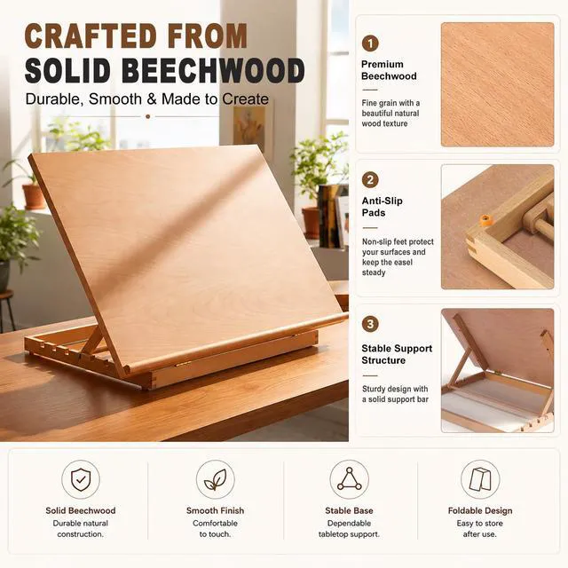 Alt view image 7 of 7 - 24.9"x17.3" Beechwood Tabletop Easel with Paint and Sketch Papers,Mask Tape Extra Large Adjustable Art Easel Stand, Drawing Board for Painting, Sketching and Diamond Art
