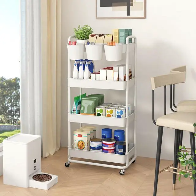 Alt view image 4 of 7 - 4-Tier Plastic Rolling Storage Cart Utility Cart White Utility Cart with Extra Hanging Cups Arc-Shaped Handles Lockable Wheels for Living Room Bathroom Kitchen Office