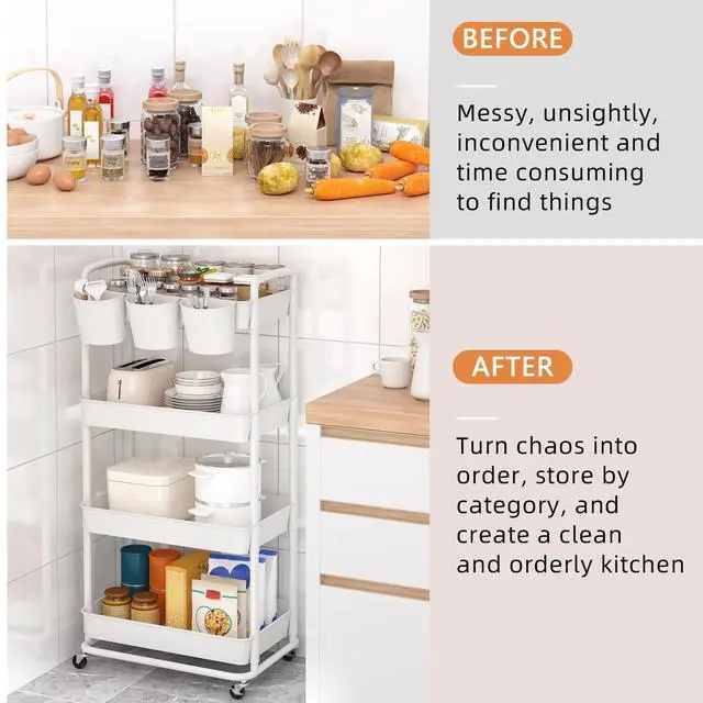 Alt view image 5 of 7 - 4-Tier Plastic Rolling Storage Cart Utility Cart White Utility Cart with Extra Hanging Cups Arc-Shaped Handles Lockable Wheels for Living Room Bathroom Kitchen Office