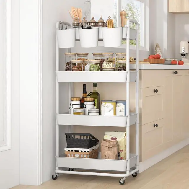 Alt view image 6 of 7 - 4-Tier Plastic Rolling Storage Cart Utility Cart White Utility Cart with Extra Hanging Cups Arc-Shaped Handles Lockable Wheels for Living Room Bathroom Kitchen Office