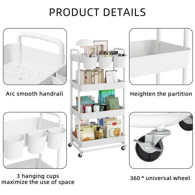 Alt view image 7 of 7 - 4-Tier Plastic Rolling Storage Cart Utility Cart White Utility Cart with Extra Hanging Cups Arc-Shaped Handles Lockable Wheels for Living Room Bathroom Kitchen Office