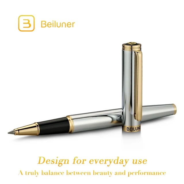 Alt view image 3 of 7 - Luxury Rollerball Pen, Stunning Silver Chrome with 24K Gold Finish,Noble and Elegant Designs,Schneider Ink Refill, Best Gift Pen for Men & Women, Professional, Executive Office, Fancy Pens