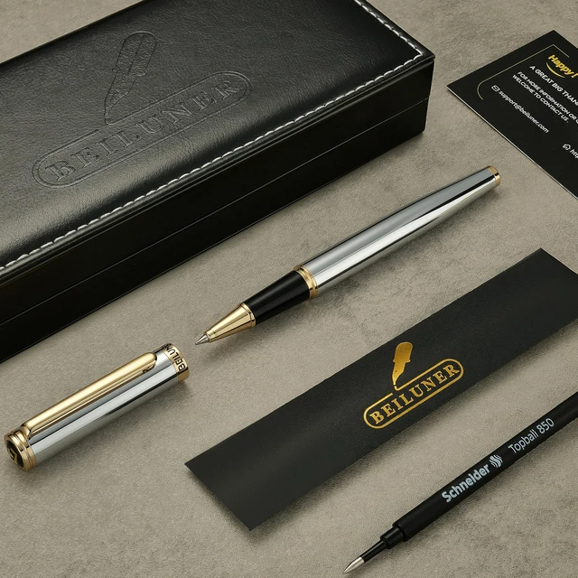 Alt view image 2 of 7 - Luxury Rollerball Pen, Stunning Silver Chrome with 24K Gold Finish,Noble and Elegant Designs,Schneider Ink Refill, Best Gift Pen for Men & Women, Professional, Executive Office, Fancy Pens