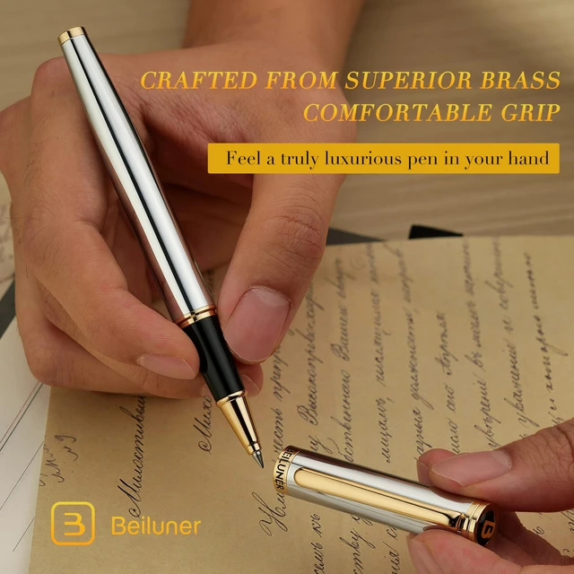 Alt view image 4 of 7 - Luxury Rollerball Pen, Stunning Silver Chrome with 24K Gold Finish,Noble and Elegant Designs,Schneider Ink Refill, Best Gift Pen for Men & Women, Professional, Executive Office, Fancy Pens