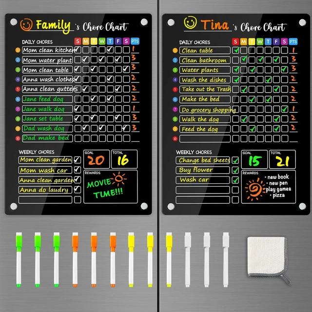 Main image of Black Acrylic Magnetic Chore Chart for Kids, 12x16 Inch, 2 Pack Large Clear Dry Erase Fridge Reward Board for Multiple Kids and Teens; Embedded Magnets; 12 Wet-Erase Markers and Towel