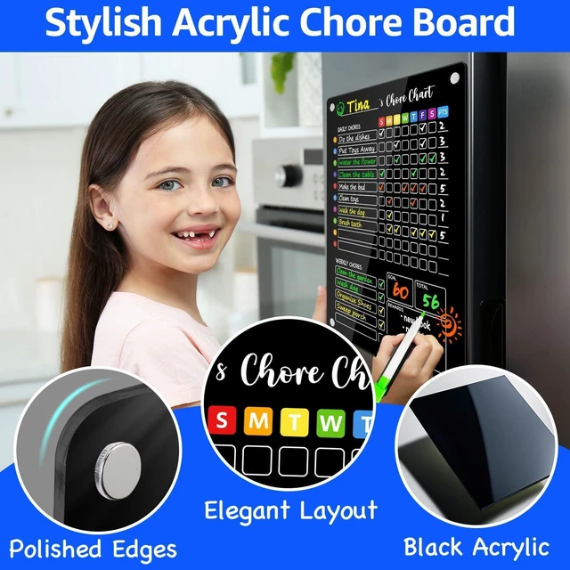 Alt view image 2 of 7 - Black Acrylic Magnetic Chore Chart for Kids, 12x16 Inch, 2 Pack Large Clear Dry Erase Fridge Reward Board for Multiple Kids and Teens; Embedded Magnets; 12 Wet-Erase Markers and Towel