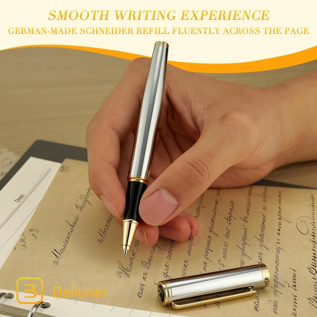 Alt view image 7 of 7 - Luxury Rollerball Pen, Stunning Silver Chrome with 24K Gold Finish,Noble and Elegant Designs,Schneider Ink Refill, Best Gift Pen for Men & Women, Professional, Executive Office, Fancy Pens