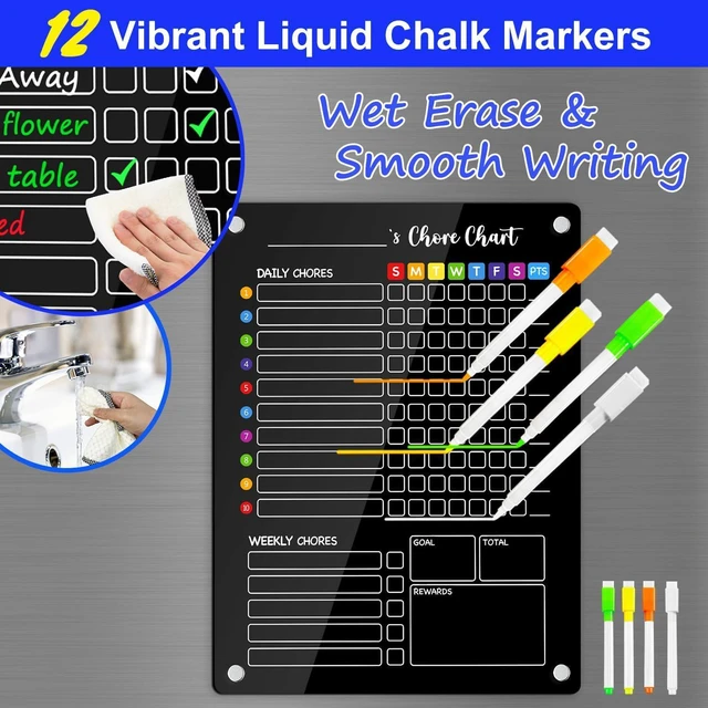 Alt view image 3 of 7 - Black Acrylic Magnetic Chore Chart for Kids, 12x16 Inch, 2 Pack Large Clear Dry Erase Fridge Reward Board for Multiple Kids and Teens; Embedded Magnets; 12 Wet-Erase Markers and Towel