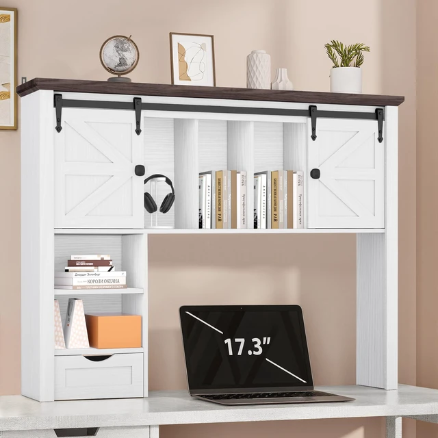 Main image of Large Desktop Bookshelf, 47.2" Desk Shelf with Sliding Barn Door Makeup Storage Rack Desktop Organizer Storage Rack with 7 Cubbies and Drawer Desk Shelf for Office, Dorm, Vanity, Home, White