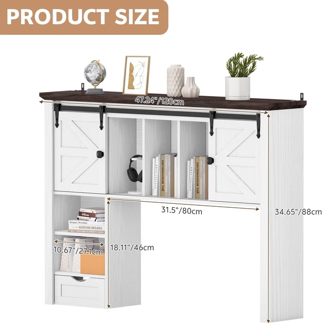 Alt view image 2 of 7 - Large Desktop Bookshelf, 47.2" Desk Shelf with Sliding Barn Door Makeup Storage Rack Desktop Organizer Storage Rack with 7 Cubbies and Drawer Desk Shelf for Office, Dorm, Vanity, Home, White