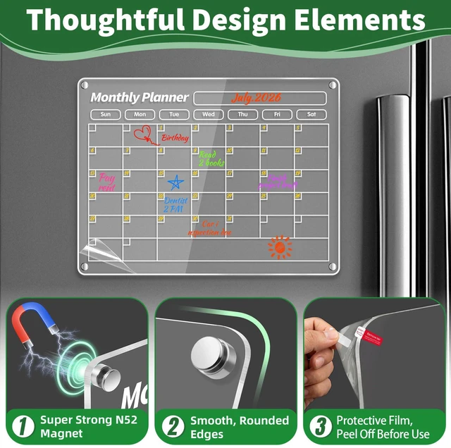 Alt view image 3 of 7 - 4 Pcs Fridge Calendar, Acrylic Magnetic Calendar, Dry Erase Acrylic Calendar for Fridge, Dry Erase Whiteboard Planning Board Monthly Weekly Wall Fridge Calendar Planner with 8 Markers