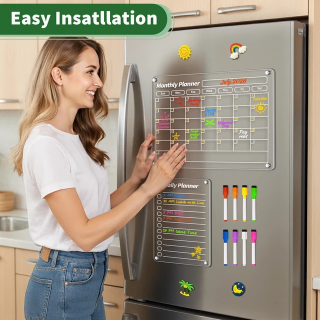 Alt view image 4 of 7 - 4 Pcs Fridge Calendar, Acrylic Magnetic Calendar, Dry Erase Acrylic Calendar for Fridge, Dry Erase Whiteboard Planning Board Monthly Weekly Wall Fridge Calendar Planner with 8 Markers