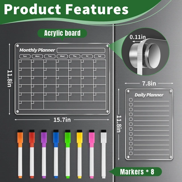 Alt view image 5 of 7 - 4 Pcs Fridge Calendar, Acrylic Magnetic Calendar, Dry Erase Acrylic Calendar for Fridge, Dry Erase Whiteboard Planning Board Monthly Weekly Wall Fridge Calendar Planner with 8 Markers