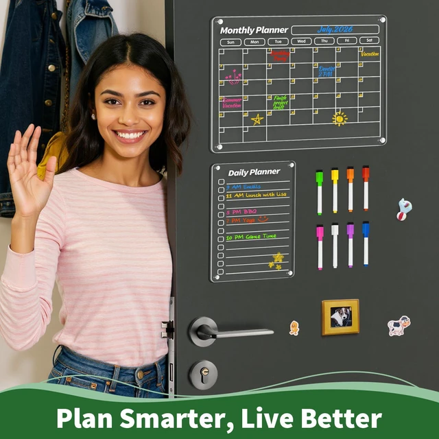 Alt view image 6 of 7 - 4 Pcs Fridge Calendar, Acrylic Magnetic Calendar, Dry Erase Acrylic Calendar for Fridge, Dry Erase Whiteboard Planning Board Monthly Weekly Wall Fridge Calendar Planner with 8 Markers