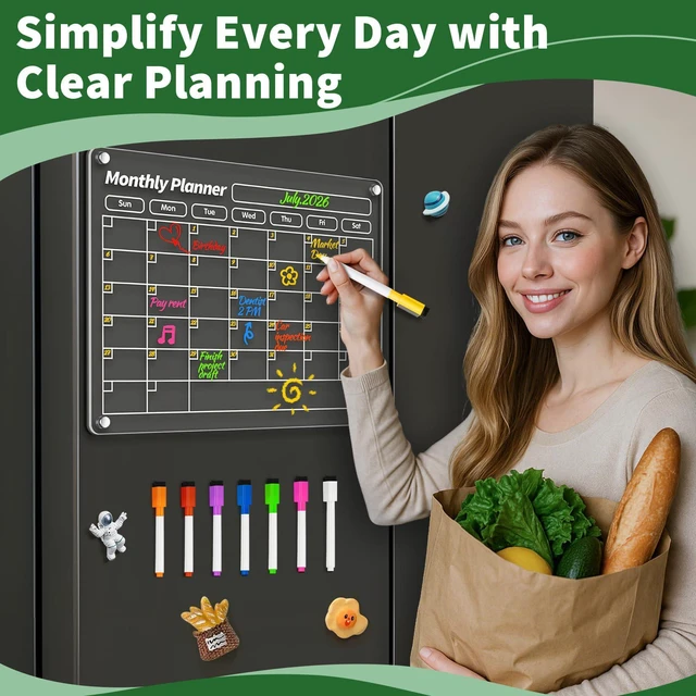 Alt view image 7 of 7 - 4 Pcs Fridge Calendar, Acrylic Magnetic Calendar, Dry Erase Acrylic Calendar for Fridge, Dry Erase Whiteboard Planning Board Monthly Weekly Wall Fridge Calendar Planner with 8 Markers