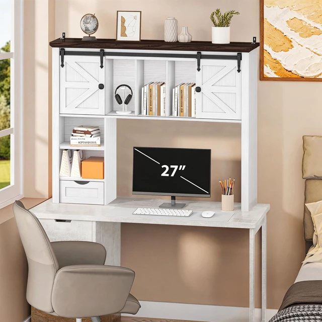 Alt view image 7 of 7 - Large Desktop Bookshelf, 47.2" Desk Shelf with Sliding Barn Door Makeup Storage Rack Desktop Organizer Storage Rack with 7 Cubbies and Drawer Desk Shelf for Office, Dorm, Vanity, Home, White