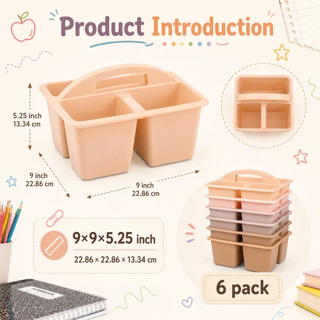 Alt view image 2 of 7 - 6 Pack Plastic Classroom Organizer Caddy with Handle, Boho Pastel 3 Compartment, Portable Supply Storage Caddy, Craft Art Caddies for Pencil, Crayon, Marker, Home, Office, School Supplies