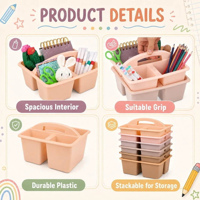 Alt view image 3 of 7 - 6 Pack Plastic Classroom Organizer Caddy with Handle, Boho Pastel 3 Compartment, Portable Supply Storage Caddy, Craft Art Caddies for Pencil, Crayon, Marker, Home, Office, School Supplies