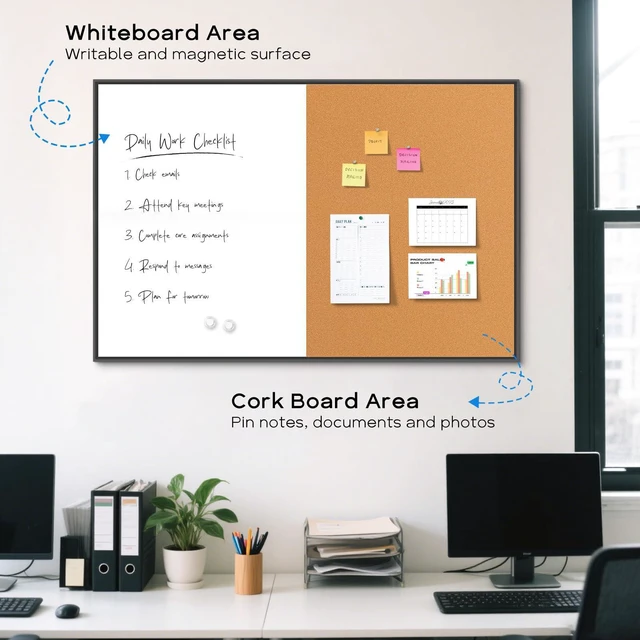 Alt view image 2 of 7 - White Board Cork Board Combo, 30"x20" Magnetic Dry Erase Corkboard, Black Aluminum Frame, Wall Mounted, Bulletin Board, Vision Board, for Home Office School Kitchen