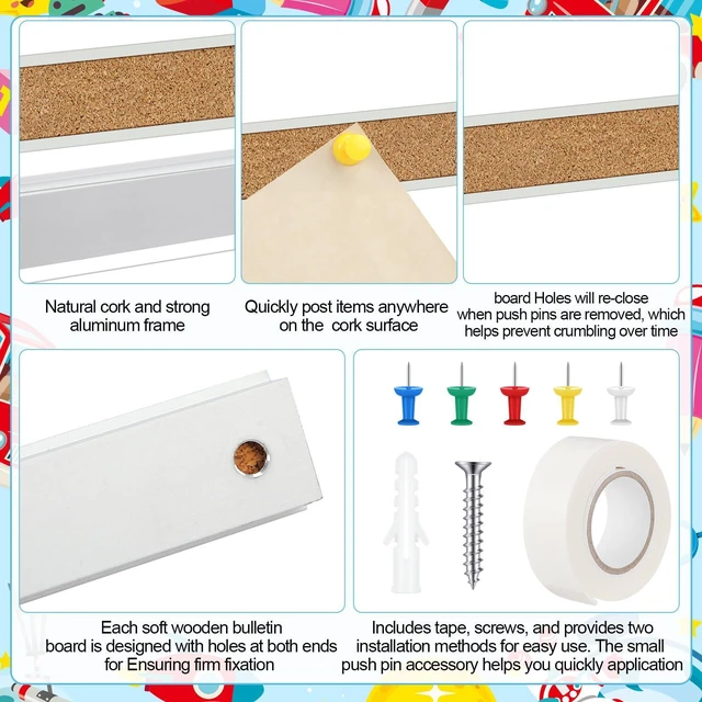 Alt view image 3 of 6 - 10 Pcs Cork Strips 48"x1" Bulletin Bar Strip, Aluminum Wall Trim Brown Cork Boards with Accessories, Notes Photos Memos Display, for Wall Organization Classroom Office Home