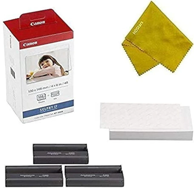Main image of KP-108IN 3 Color Ink Cassette and 108 Sheets 4 x 6 Paper Glossy for SELPHY CP1300, CP1200, CP910, CP900, CP760, CP770, CP780 CP800. Bonus: Quality Photo Microfiber Cloth