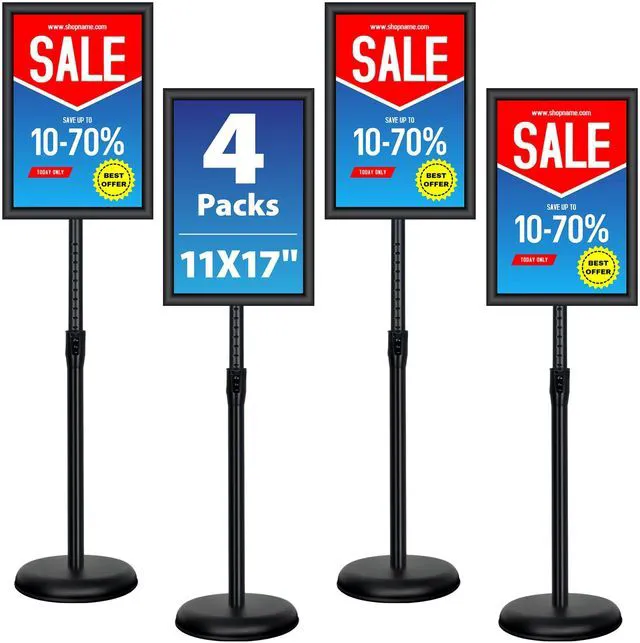 Main image of 4 Pack Sign Holder Stands - 11 x17 inch Standing Sign Stand, Adjustable Poster Sign Holder Pedestal Floor Sign Stand, Aluminum Snap Open Frame for Vertical & Horizontal View Sign Stand, Black