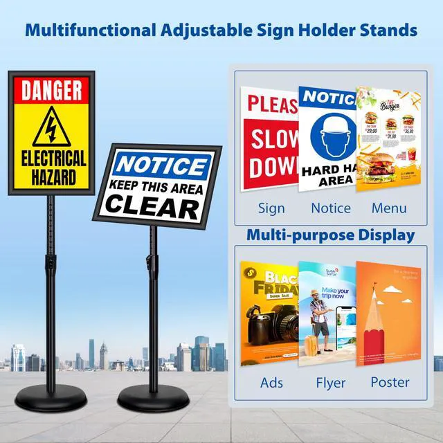 Alt view image 2 of 7 - 4 Pack Sign Holder Stands - 11 x17 inch Standing Sign Stand, Adjustable Poster Sign Holder Pedestal Floor Sign Stand, Aluminum Snap Open Frame for Vertical & Horizontal View Sign Stand, Black