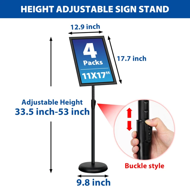 Alt view image 3 of 7 - 4 Pack Sign Holder Stands - 11 x17 inch Standing Sign Stand, Adjustable Poster Sign Holder Pedestal Floor Sign Stand, Aluminum Snap Open Frame for Vertical & Horizontal View Sign Stand, Black