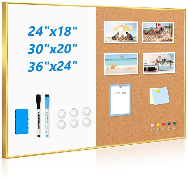 Main image of White Board Cork Board Combo, 30"x20" Magnetic Dry Erase Corkboard, Gold Aluminum Frame, Wall Mounted, Bulletin Board, Vision Board, for Home Office School Kitchen
