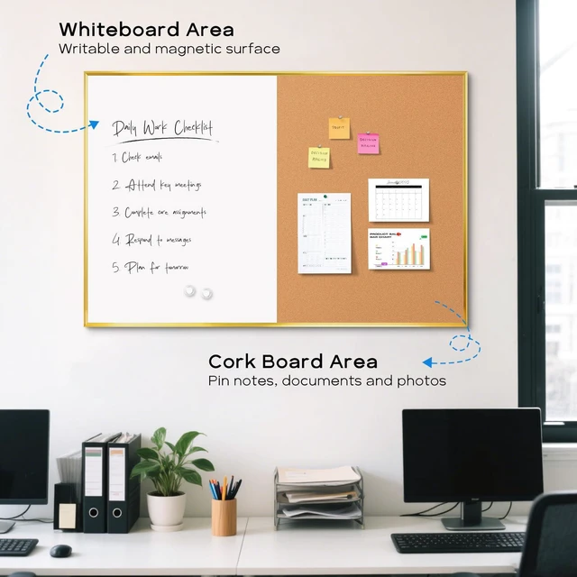 Alt view image 2 of 7 - White Board Cork Board Combo, 30"x20" Magnetic Dry Erase Corkboard, Gold Aluminum Frame, Wall Mounted, Bulletin Board, Vision Board, for Home Office School Kitchen