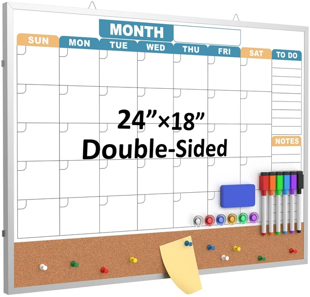 Main image of Monthly Calendar Dry Erase Board 24x18 Inch, Double-Sided Whiteboard and Corkboard Combo with Silver Aluminum Frame (Color Calendar), Wall Mounted Planner with Marker, Magnet, Push Pin, Eraser