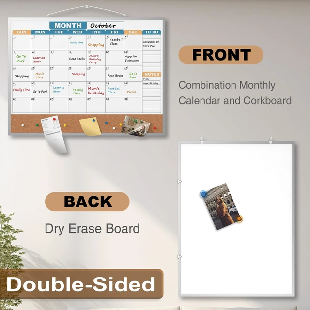 Alt view image 2 of 7 - Monthly Calendar Dry Erase Board 24x18 Inch, Double-Sided Whiteboard and Corkboard Combo with Silver Aluminum Frame (Color Calendar), Wall Mounted Planner with Marker, Magnet, Push Pin, Eraser