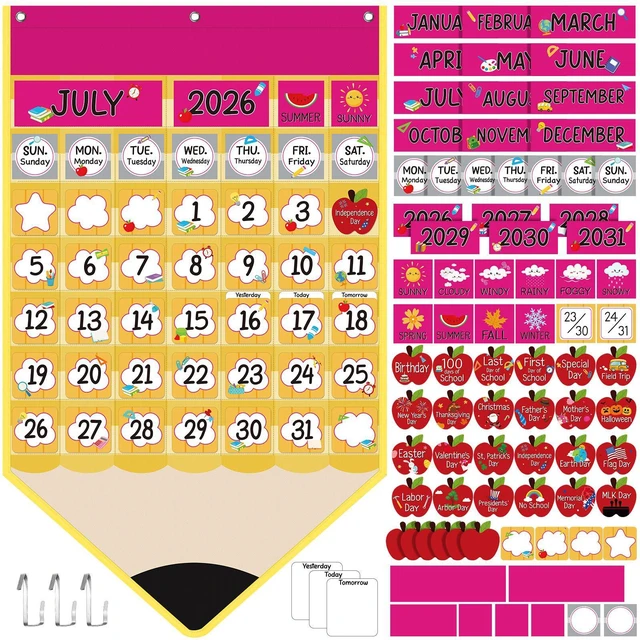 Main image of Classroom Calendar Pocket Chart Set Calendar Bulletin Board Set with Pocket Seasons Festival Weather Date Bag Chart for Classroom Decoration Back to School Supplies (Pink,Pencil)