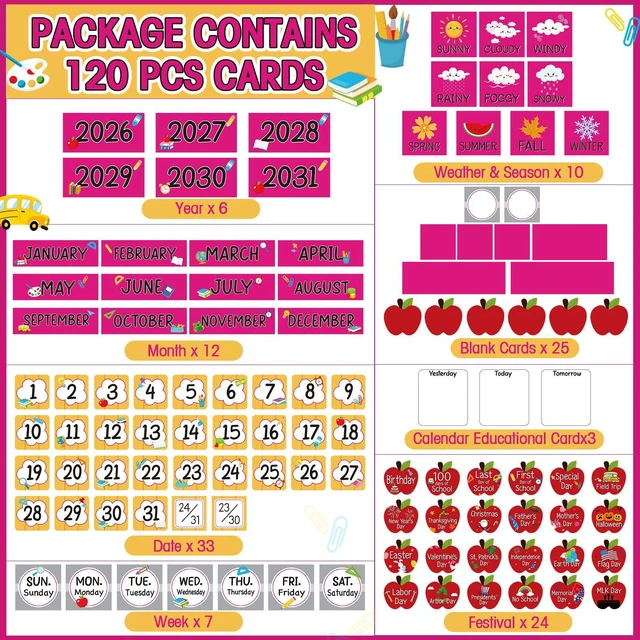 Alt view image 2 of 7 - Classroom Calendar Pocket Chart Set Calendar Bulletin Board Set with Pocket Seasons Festival Weather Date Bag Chart for Classroom Decoration Back to School Supplies (Pink,Pencil)
