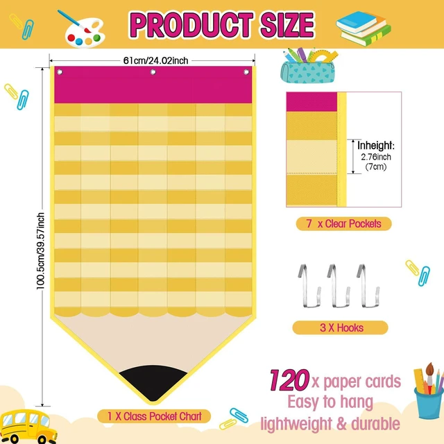 Alt view image 3 of 7 - Classroom Calendar Pocket Chart Set Calendar Bulletin Board Set with Pocket Seasons Festival Weather Date Bag Chart for Classroom Decoration Back to School Supplies (Pink,Pencil)