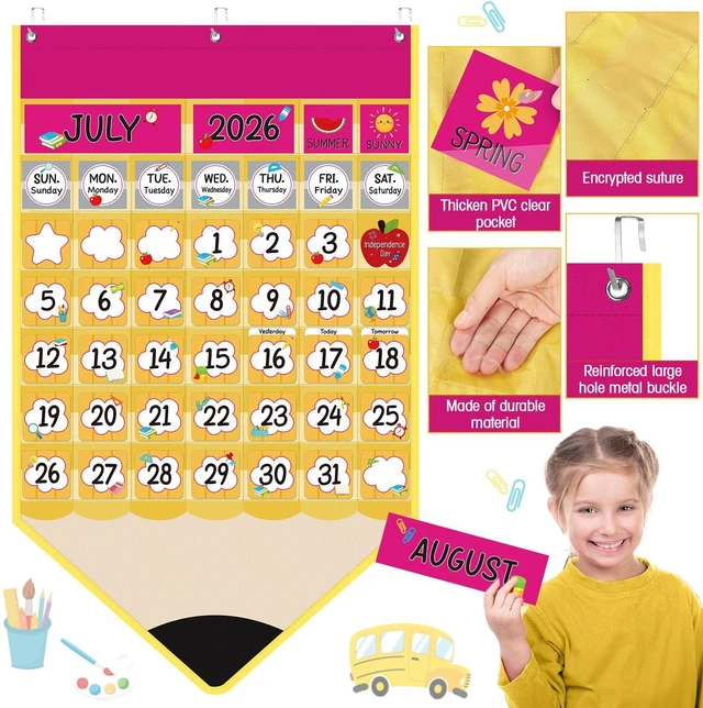 Alt view image 4 of 7 - Classroom Calendar Pocket Chart Set Calendar Bulletin Board Set with Pocket Seasons Festival Weather Date Bag Chart for Classroom Decoration Back to School Supplies (Pink,Pencil)