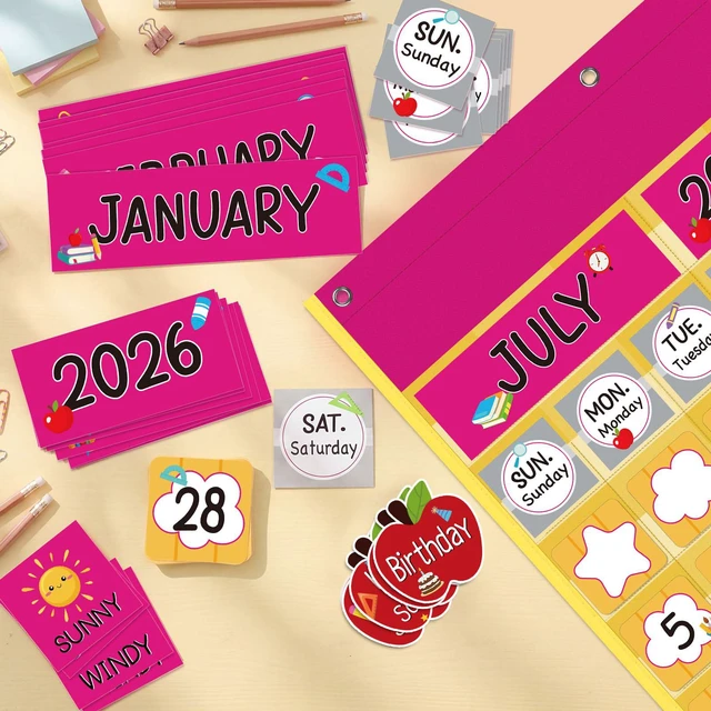 Alt view image 5 of 7 - Classroom Calendar Pocket Chart Set Calendar Bulletin Board Set with Pocket Seasons Festival Weather Date Bag Chart for Classroom Decoration Back to School Supplies (Pink,Pencil)