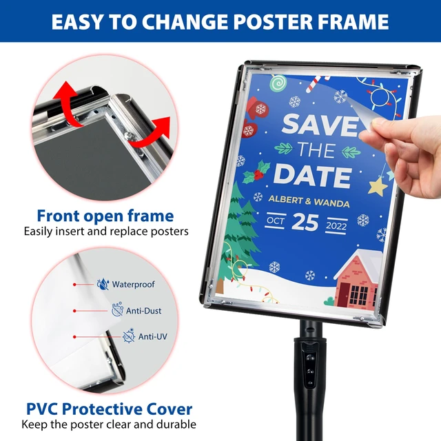 Alt view image 5 of 7 - 4 Pack Sign Holder Stands - 11 x17 inch Standing Sign Stand, Adjustable Poster Sign Holder Pedestal Floor Sign Stand, Aluminum Snap Open Frame for Vertical & Horizontal View Sign Stand, Black